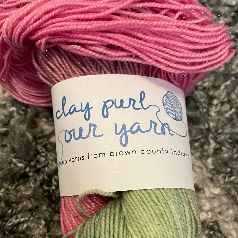 The Clay Purl Sparkle Socks hand painted yarn “Spring”